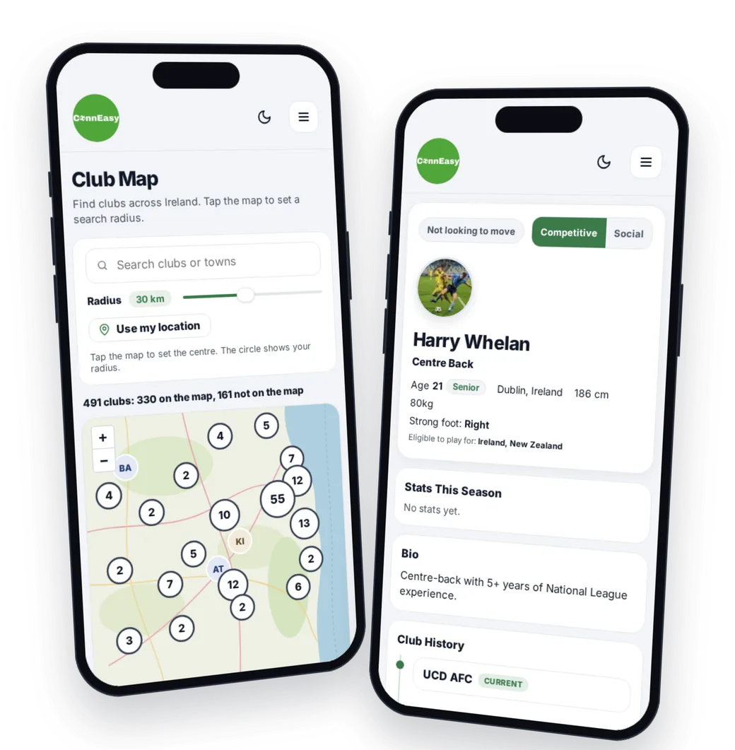 ConnEasy app mockup: the club map and a player profile
